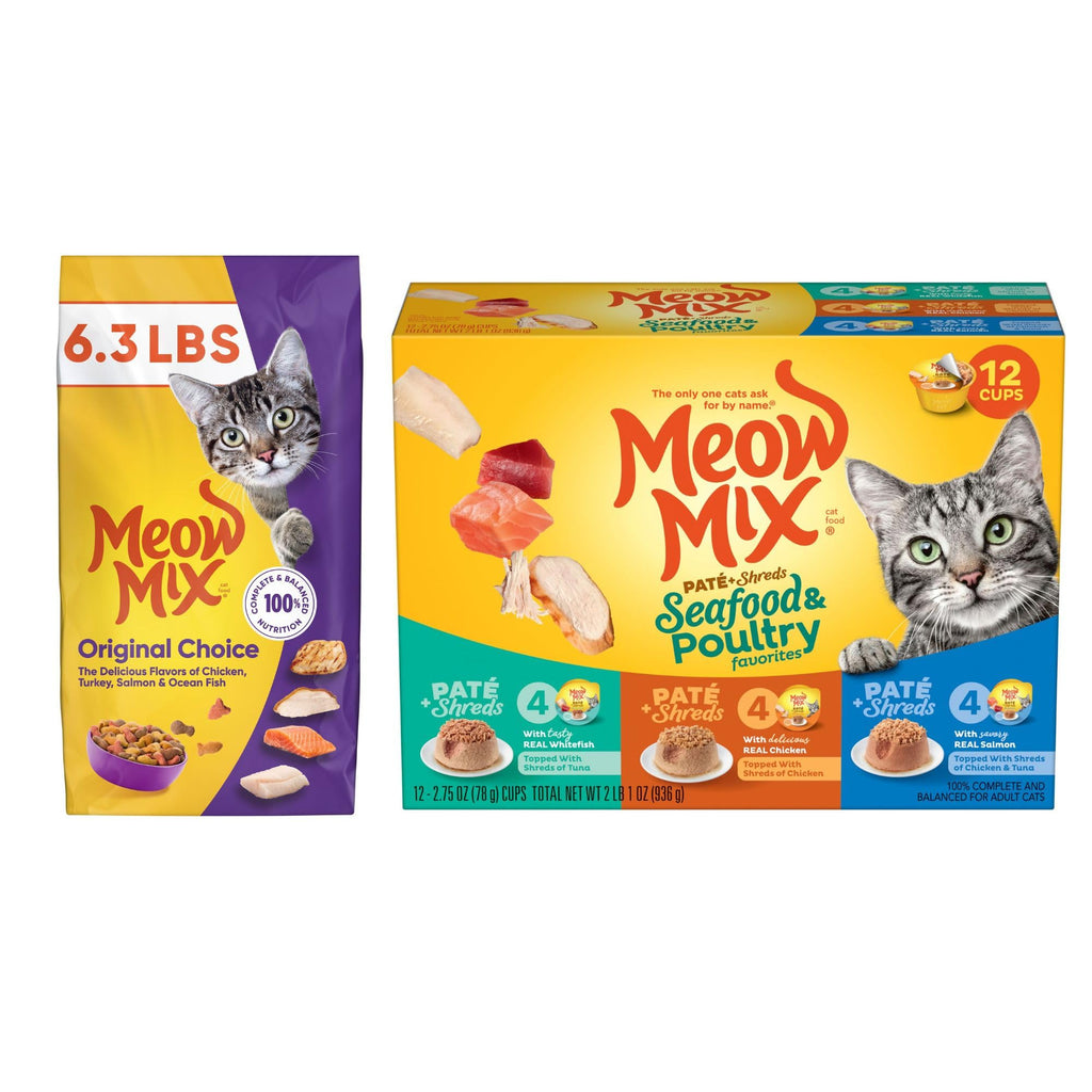 Dry Cat Food 6.3 Pound Bag + Wet Cat Food Variety Pack 2.75 Ounce Cups M552478