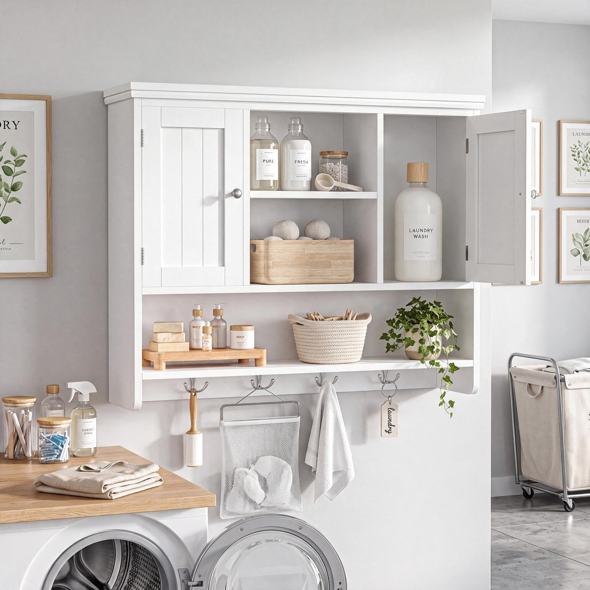 31.5"W 3-Tier Wall Mounted Bathroom Cabinet with Hooks B36046
