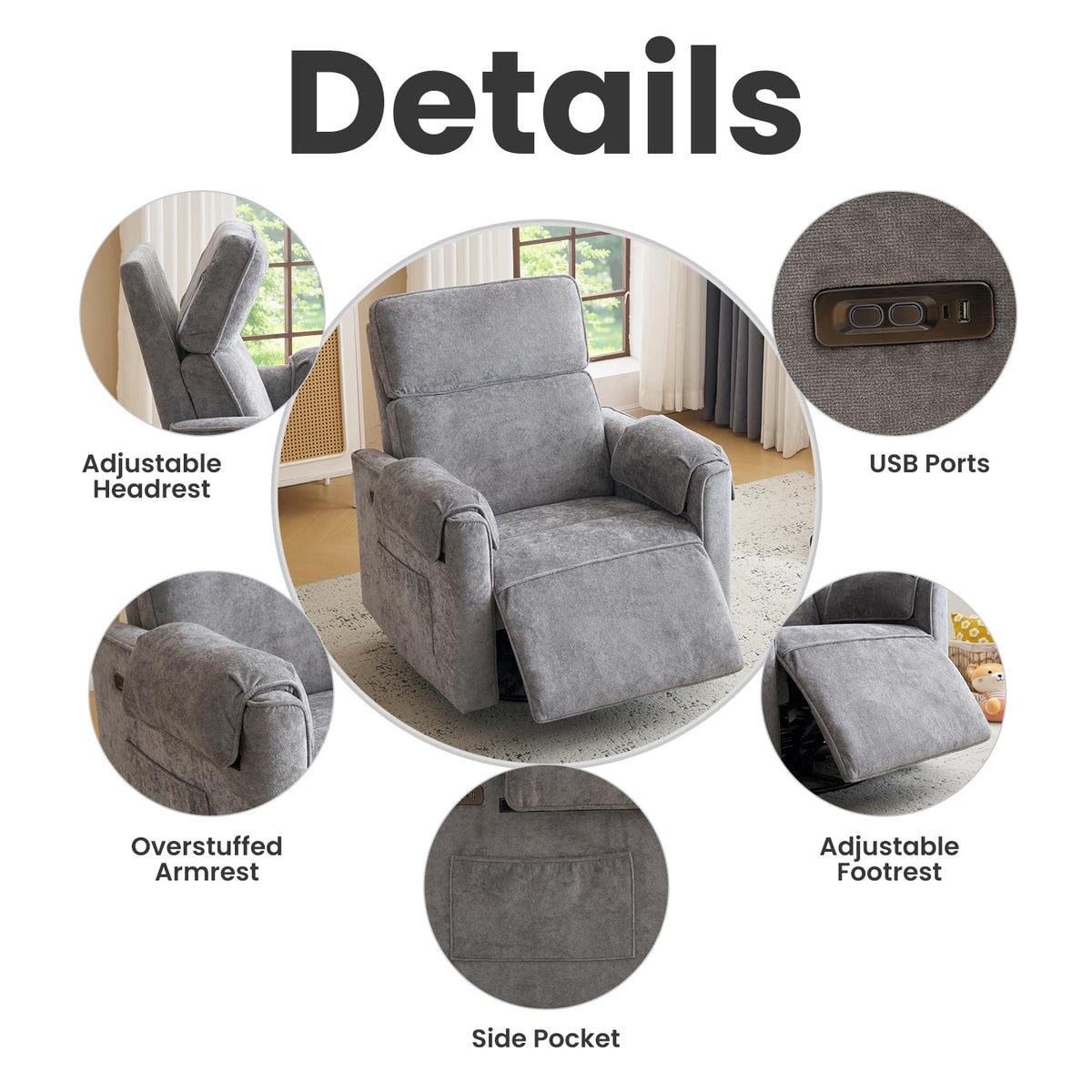 Oversized Swivel Rocking Recliner Chair with USB Ports, Grey R6667