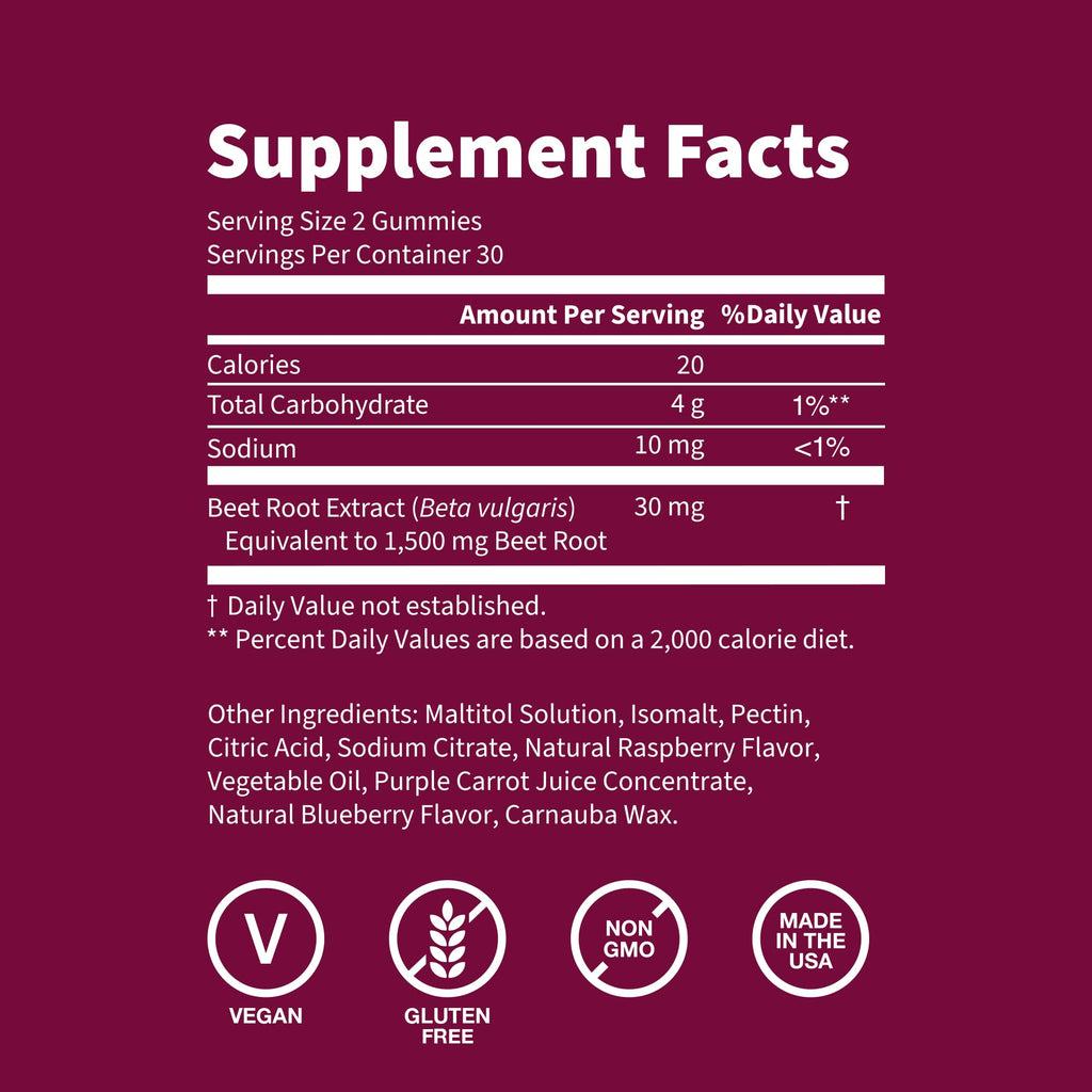 Sugar Free 1500 mg Blueberry Flavor Beet Root Gummies 60 Ct N902942