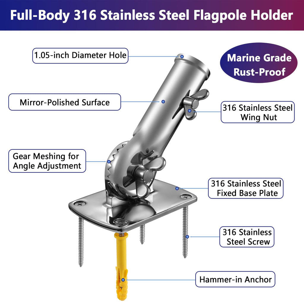 316 Stainless Steel Flag Pole Holder Bracket with Drain Hole, 1" L6438