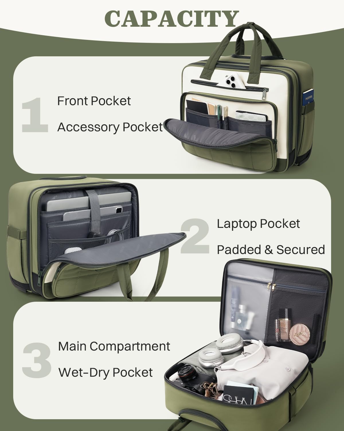 Rolling Puffer Laptop Bag, 16 Inch Water Resistant Carry On Luggage with Wheels, Green R4202