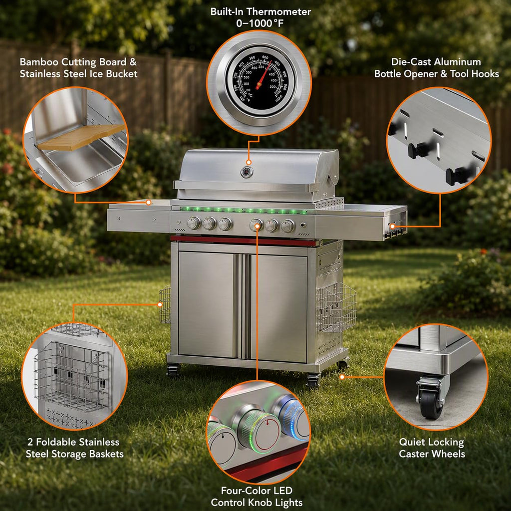 Heavy-duty SUS304 Stainless Steel 6-Burner Propane Gas Grill H204881