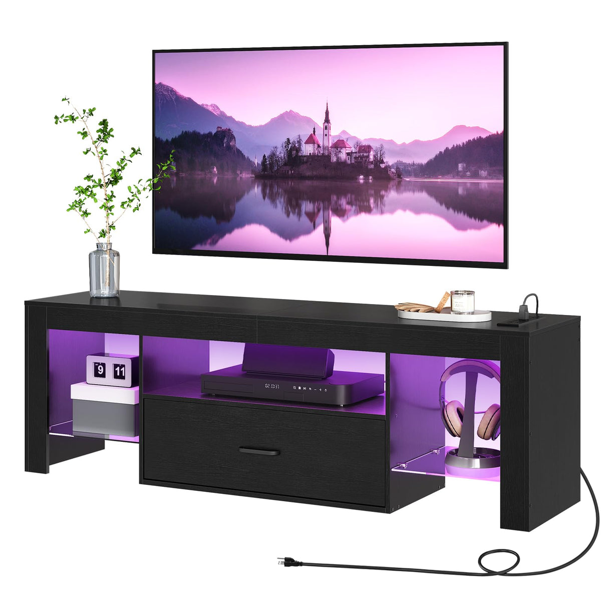 Black Glass Shelf TV Stand with Outlets and Drawer J422449