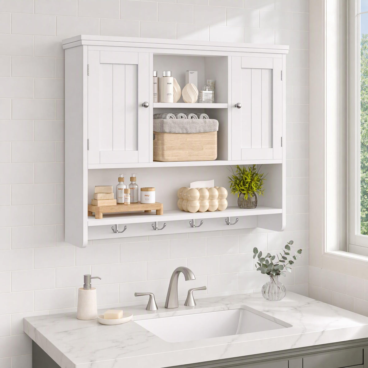 31.5"W 3-Tier Wall Mounted Bathroom Cabinet with Hooks B36046
