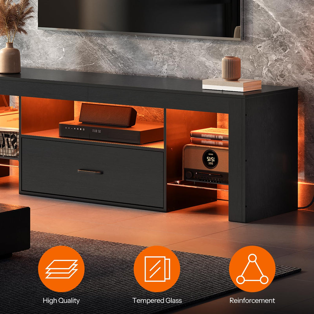 Black Glass Shelf TV Stand with Outlets and Drawer J422449