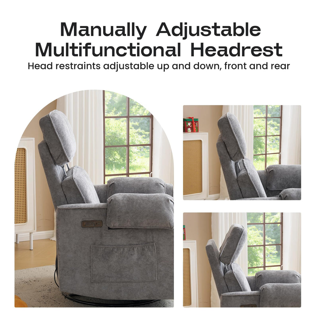Oversized Swivel Rocking Recliner Chair with USB Ports, Grey R6667