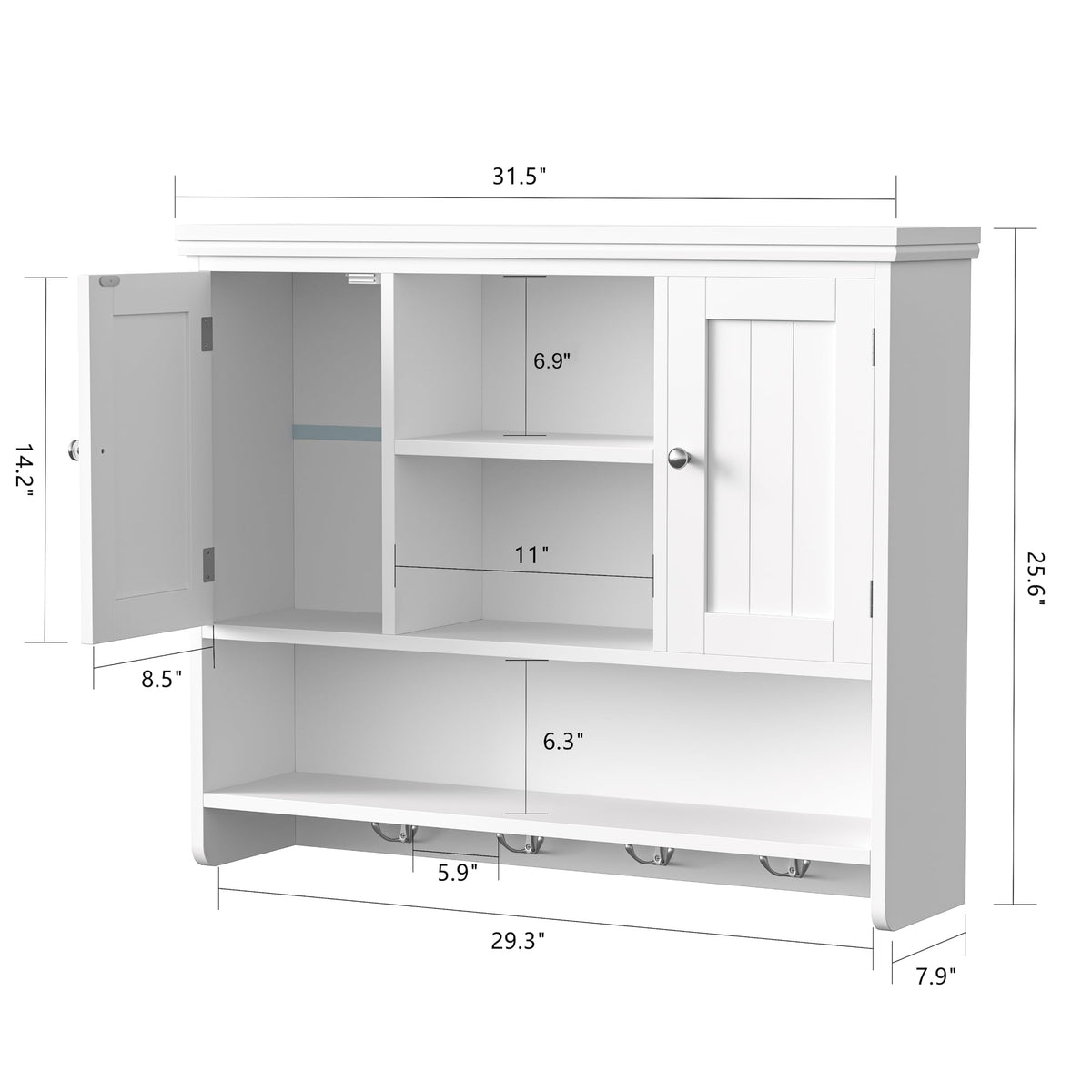 31.5"W 3-Tier Wall Mounted Bathroom Cabinet with Hooks B36046