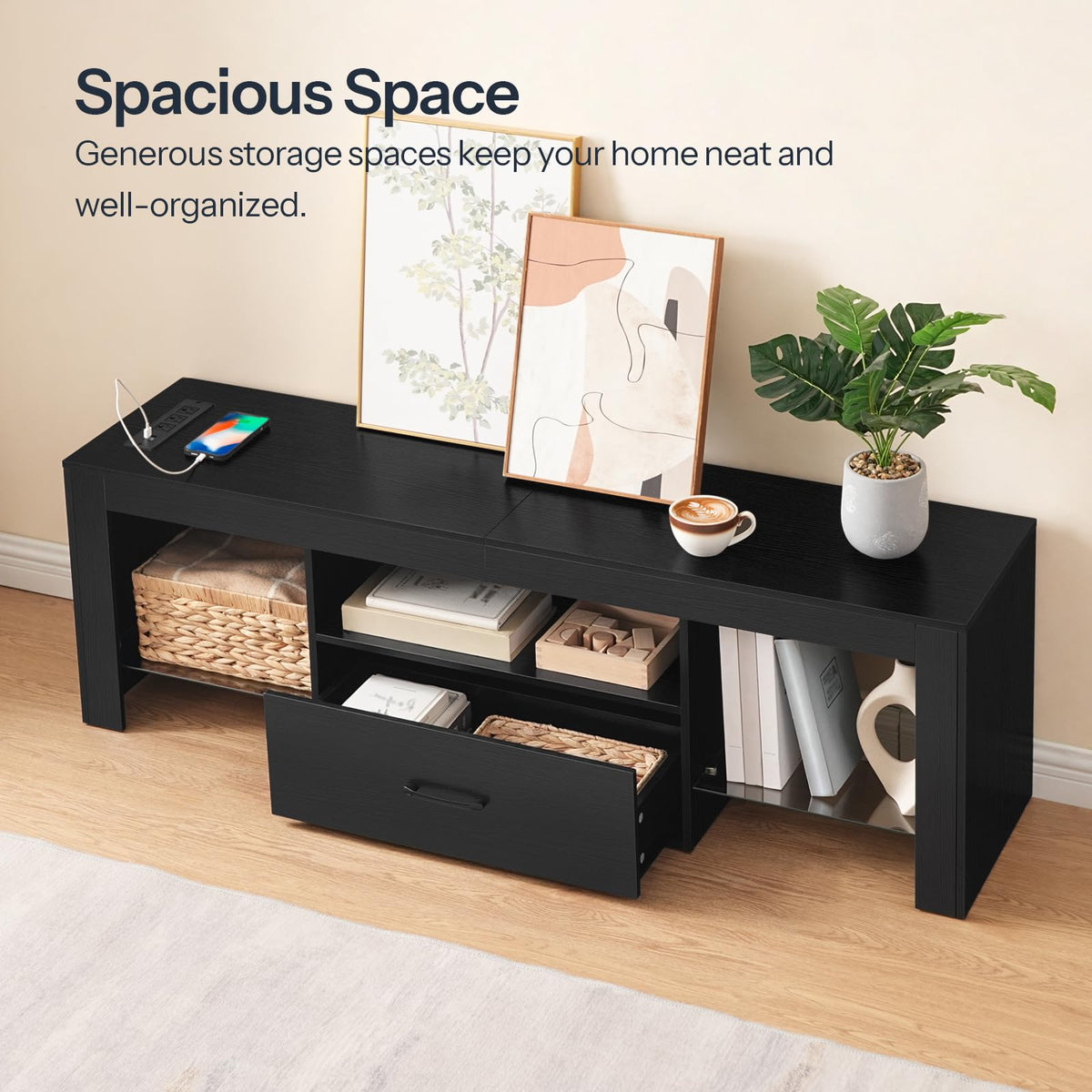 Black Glass Shelf TV Stand with Outlets and Drawer J422449