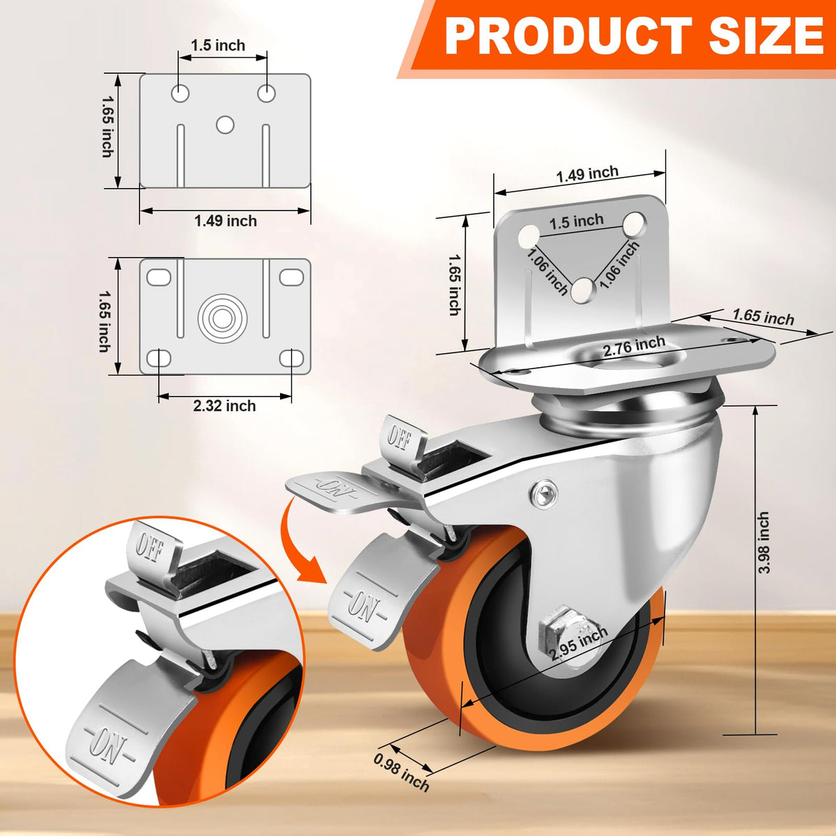 3 Inch Side Mount Casters Set of 4 with Brakes I23121