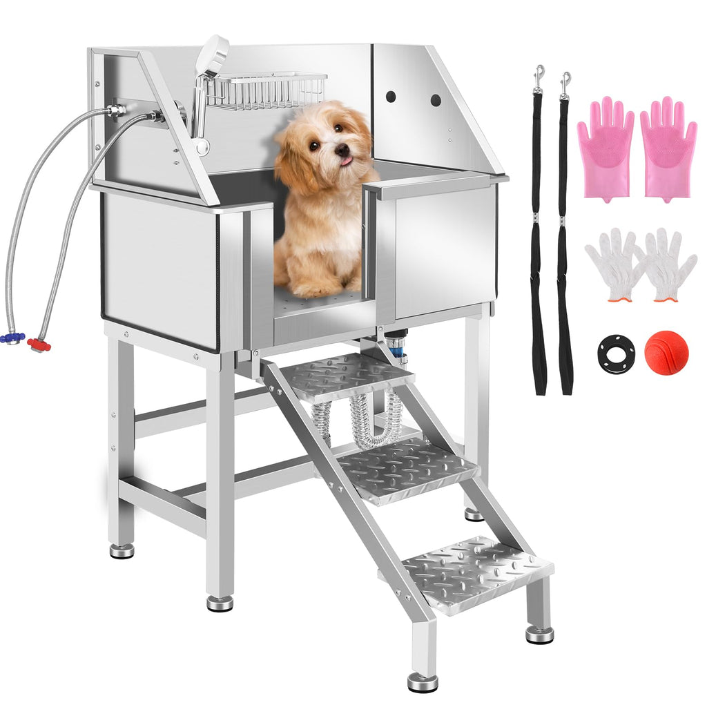 34 Inch Stainless Steel Dog Grooming Bathtub with Anti-Slip Stairs V783