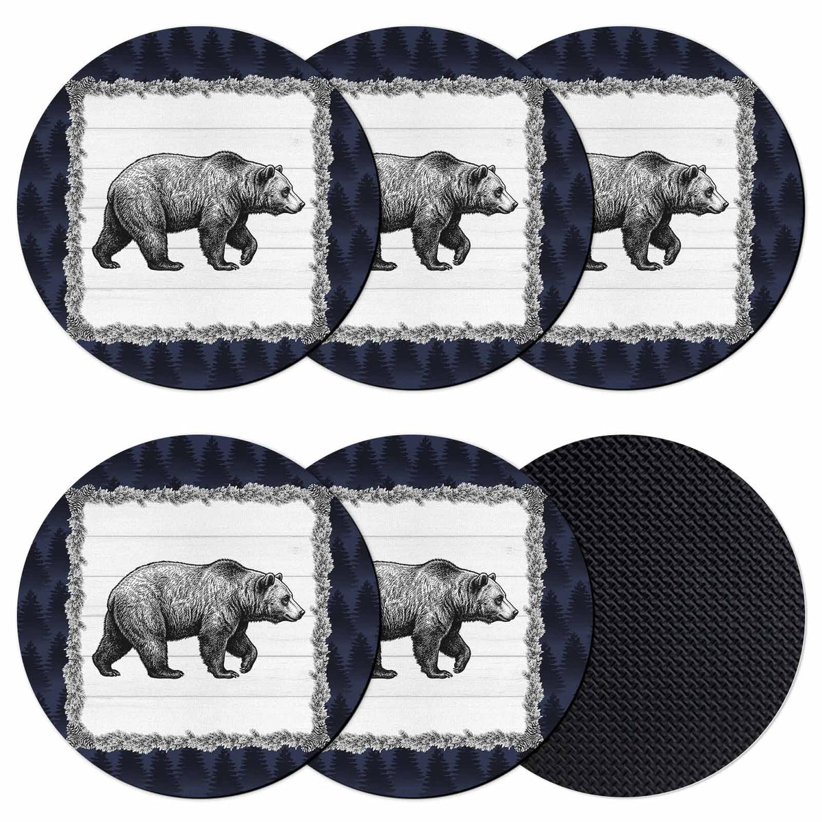 Black White Bear Round Absorbent Coasters Set of 6 F653