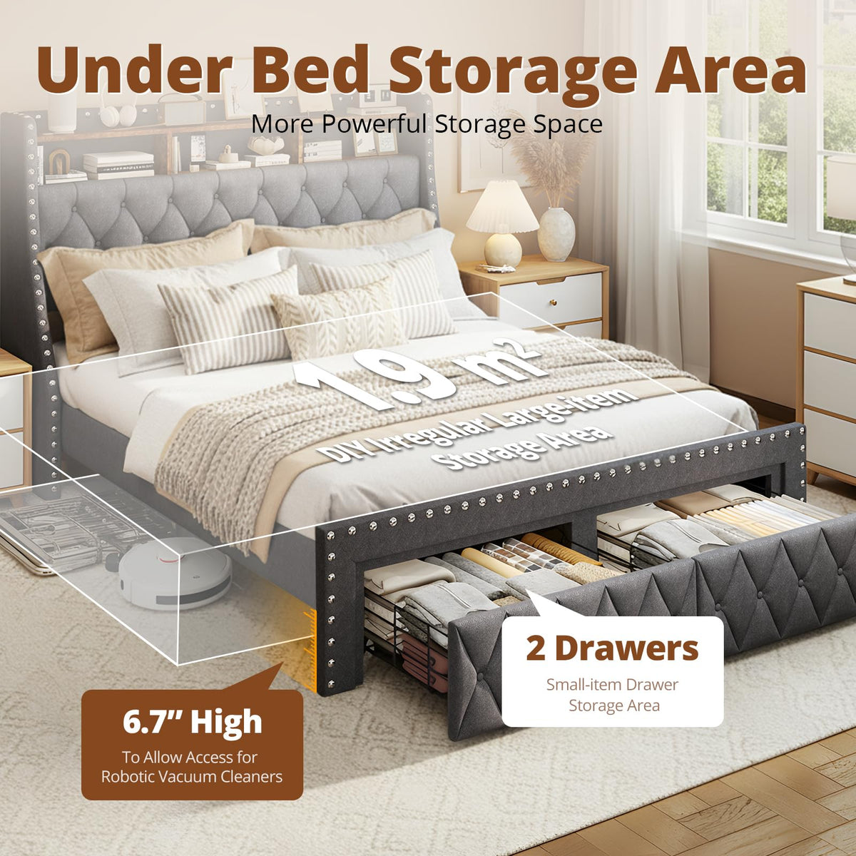 1000LBs Full Bed Frame with Hidden Storage, 2 Drawers and Charging Station F330
