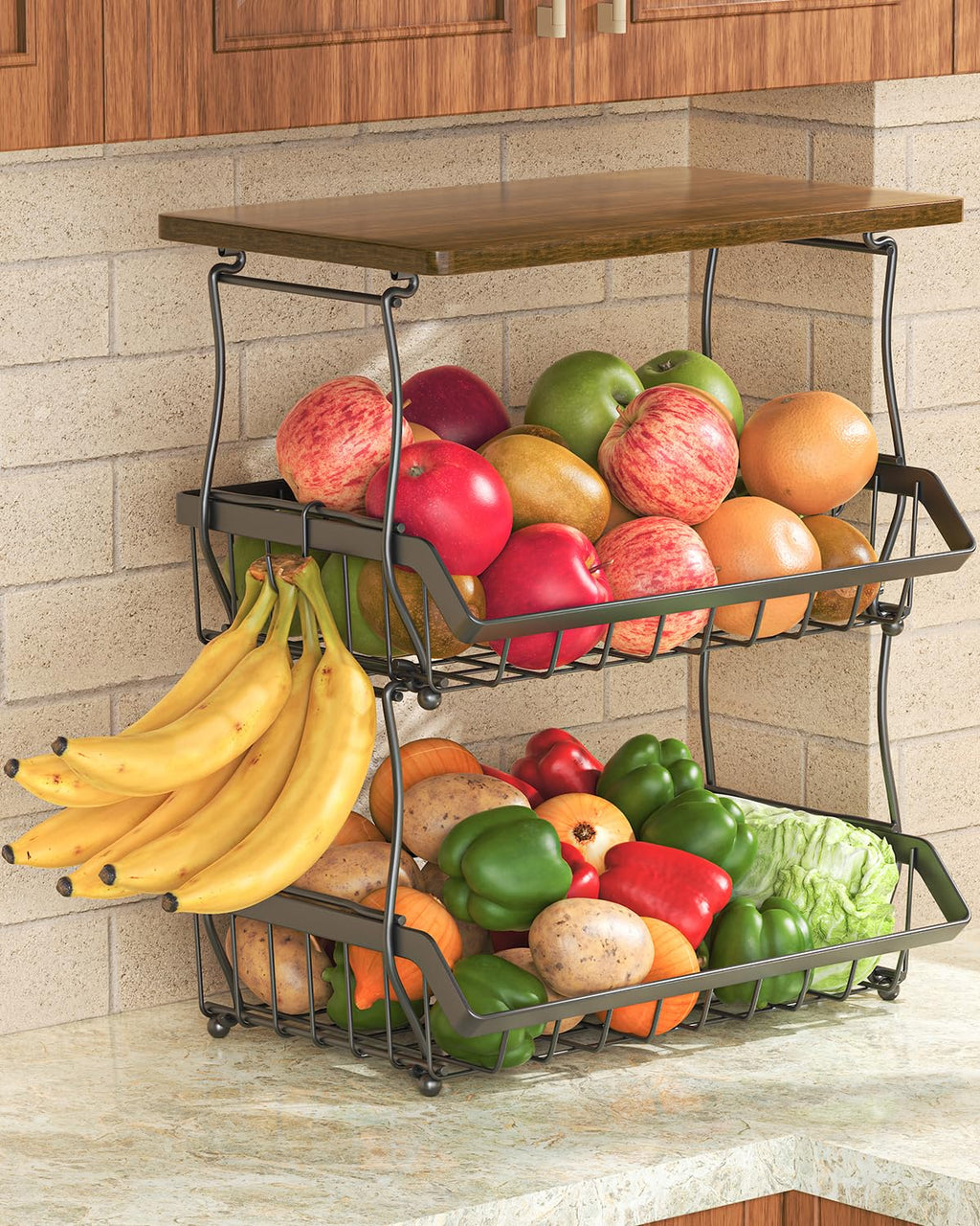 3 Tier Countertop Fruit Basket Bread Bowl with 2 Banana Hangers J634