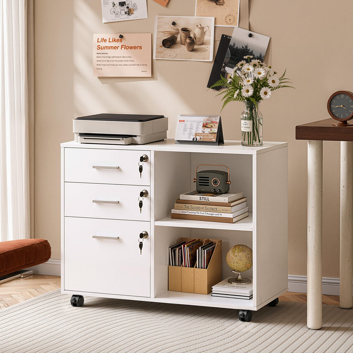 White 3 Drawer Wood File Cabinet with Lock M197331