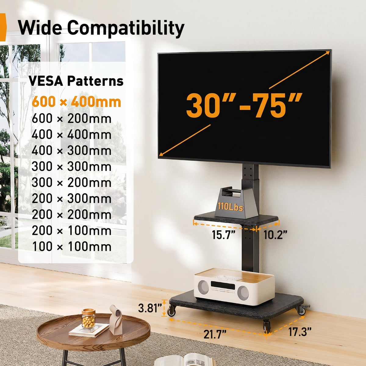 Rolling TV Stand with Wheels for 30-75 Inch TVs Z10459