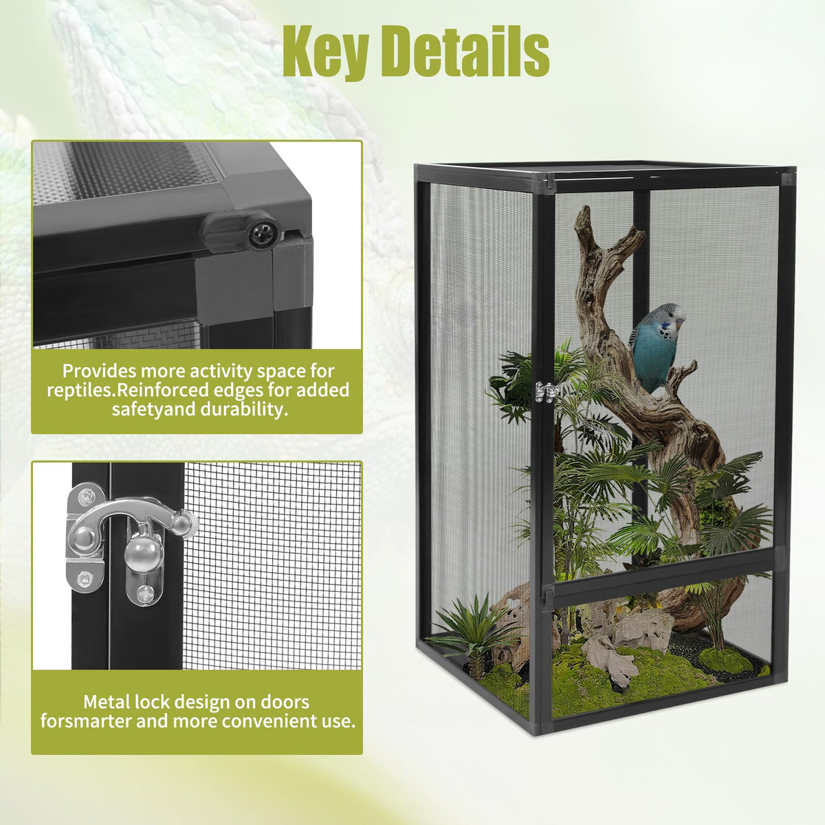 17.72" L×17.72" W×31.50" H Reptile Enclosure with Escape-Proof Lock A506167