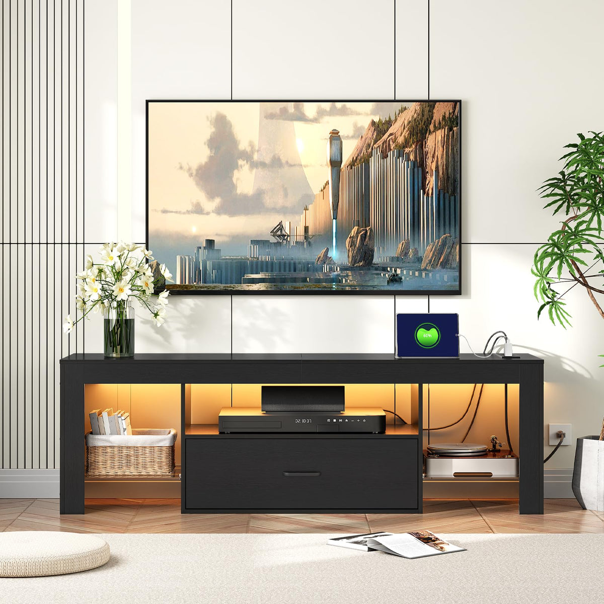 Black Glass Shelf TV Stand with Outlets and Drawer J422449