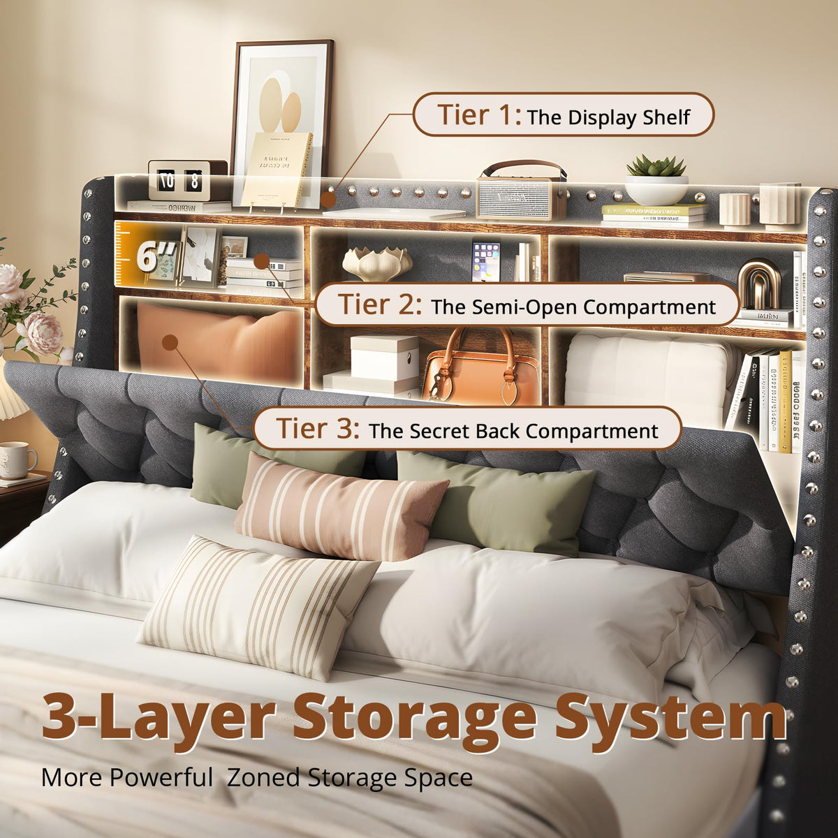 1000LBs Full Bed Frame with Hidden Storage, 2 Drawers and Charging Station F330