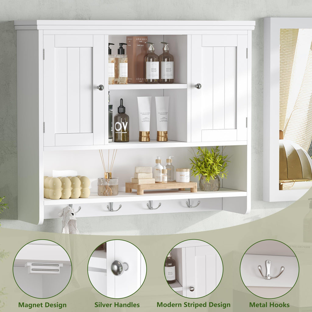 31.5"W 3-Tier Wall Mounted Bathroom Cabinet with Hooks B36046