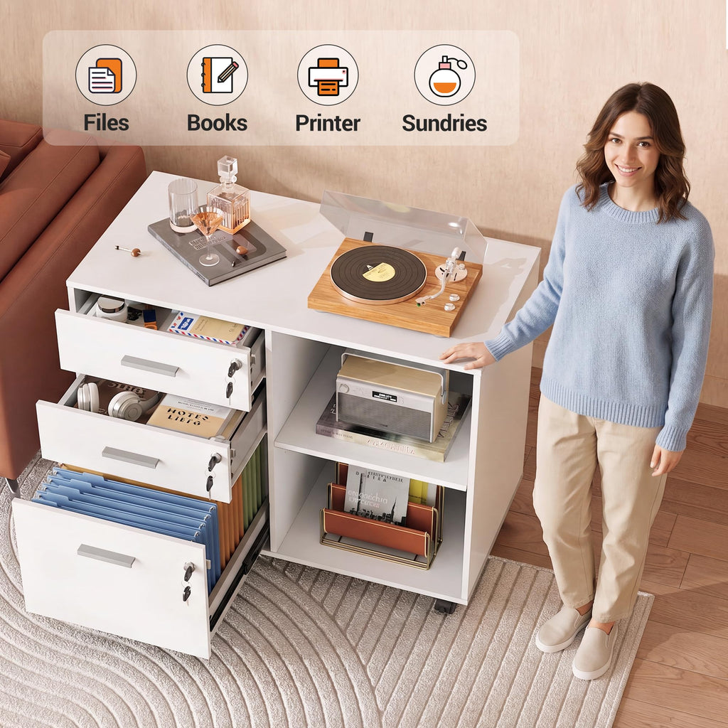 White 3 Drawer Wood File Cabinet with Lock M197331