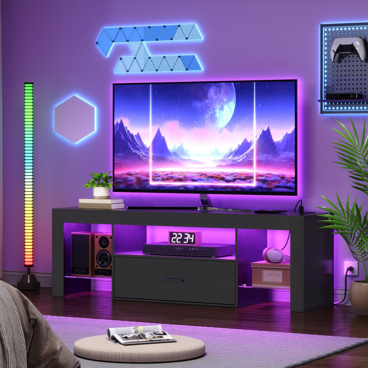 Black Glass Shelf TV Stand with Outlets and Drawer J422449
