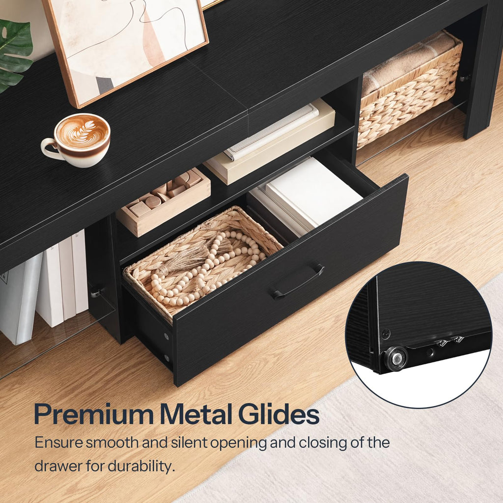 Black Glass Shelf TV Stand with Outlets and Drawer J422449