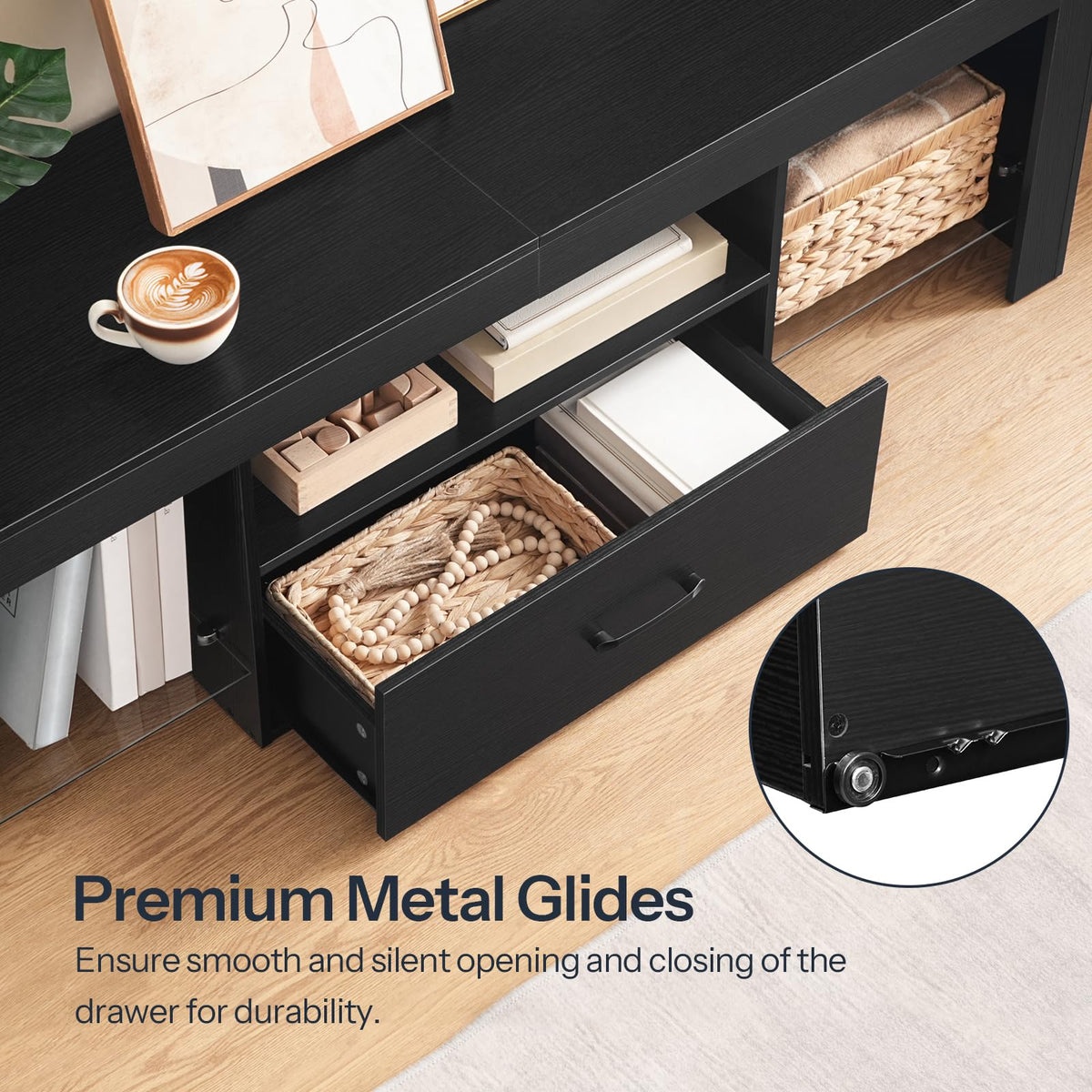 Black Glass Shelf TV Stand with Outlets and Drawer J422449