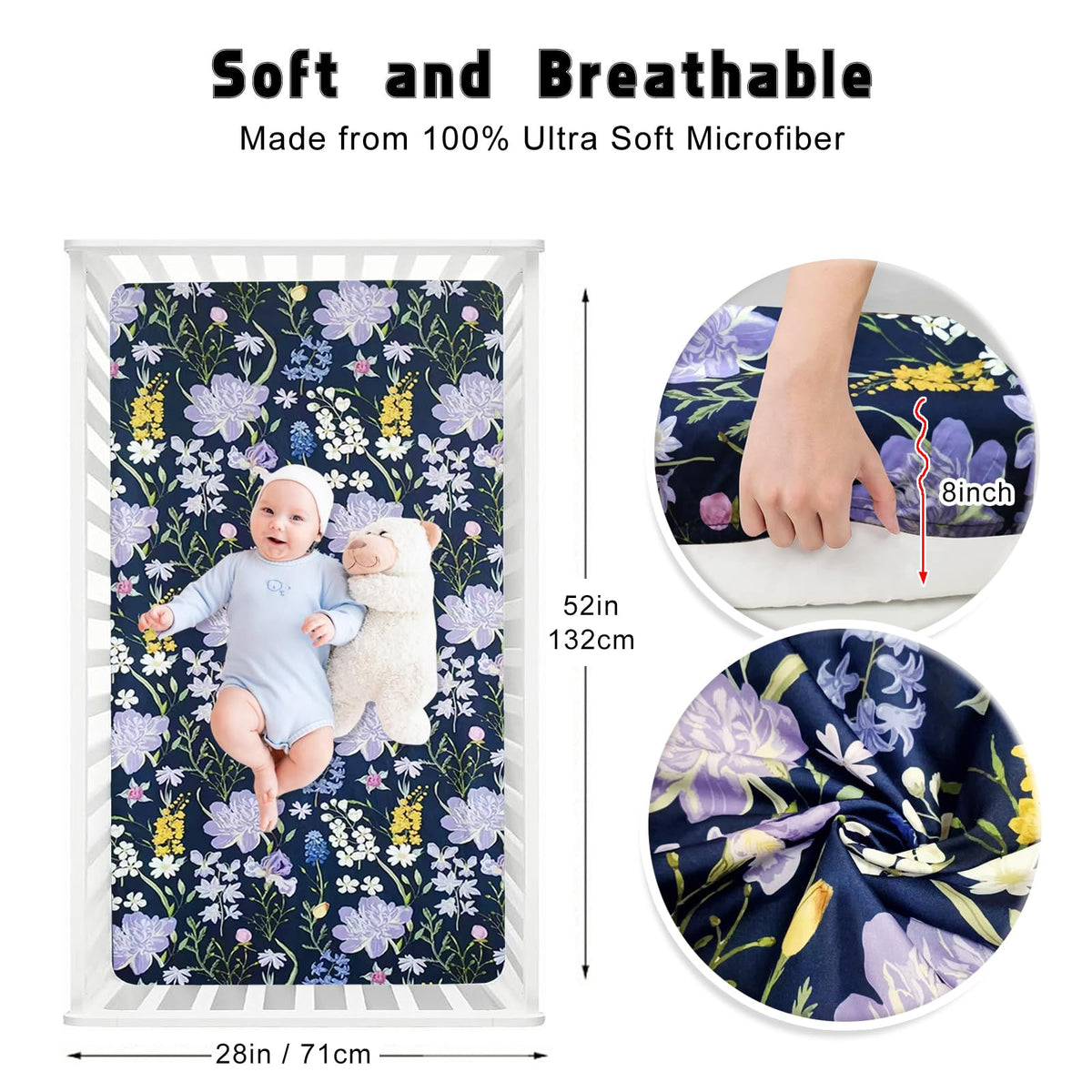 Soft Floral Crib Sheets 3 Pack 28'' X 52'' Fitted Microfiber Violet X24920