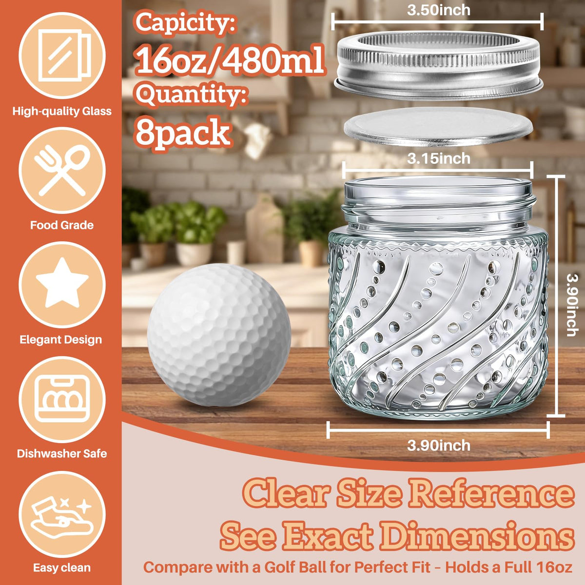 16oz Wide Mouth Mason Jars with Lids and Bands, 8 Pack G689