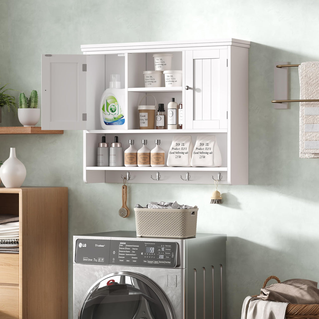 31.5"W 3-Tier Wall Mounted Bathroom Cabinet with Hooks B36046