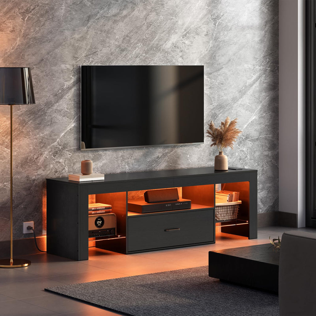 Black Glass Shelf TV Stand with Outlets and Drawer J422449