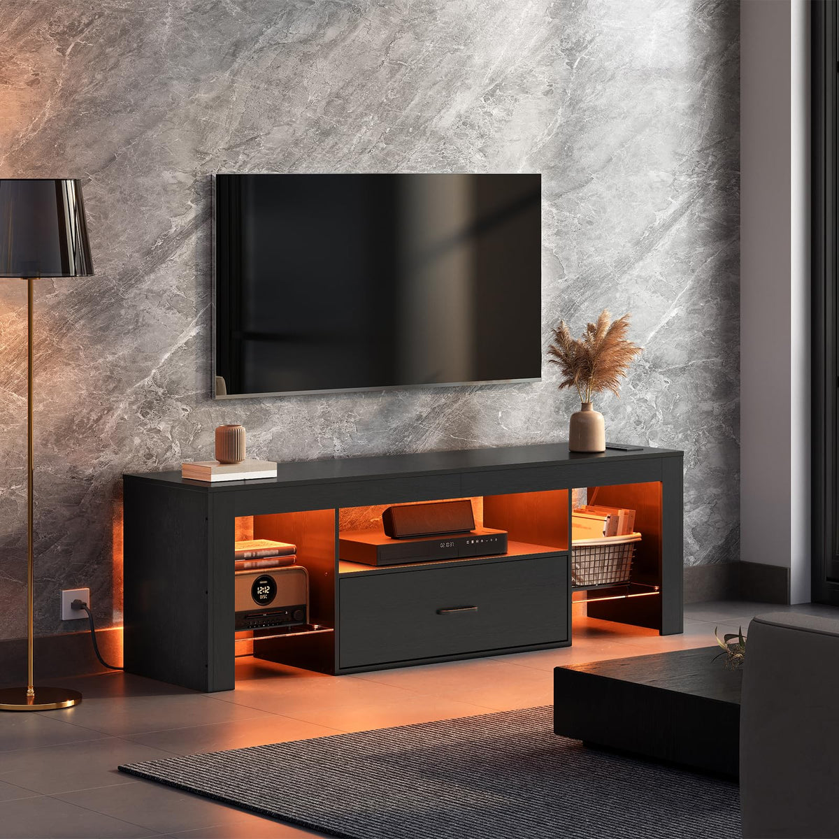 Black Glass Shelf TV Stand with Outlets and Drawer J422449
