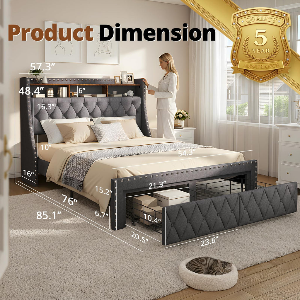 1000LBs Full Bed Frame with Hidden Storage, 2 Drawers and Charging Station F330