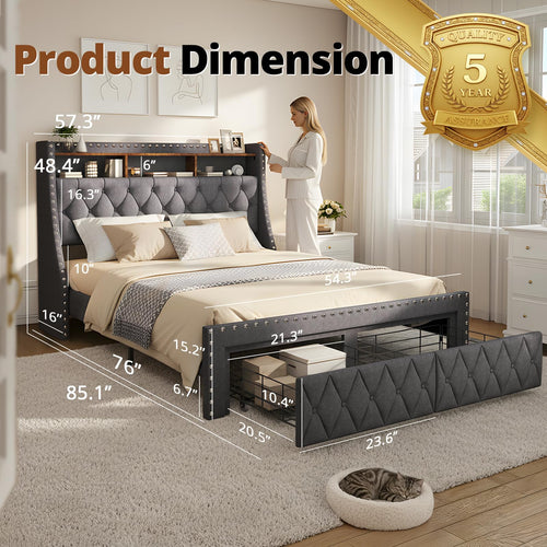 1000LBs Full Bed Frame with Hidden Storage, 2 Drawers and Charging Station F330
