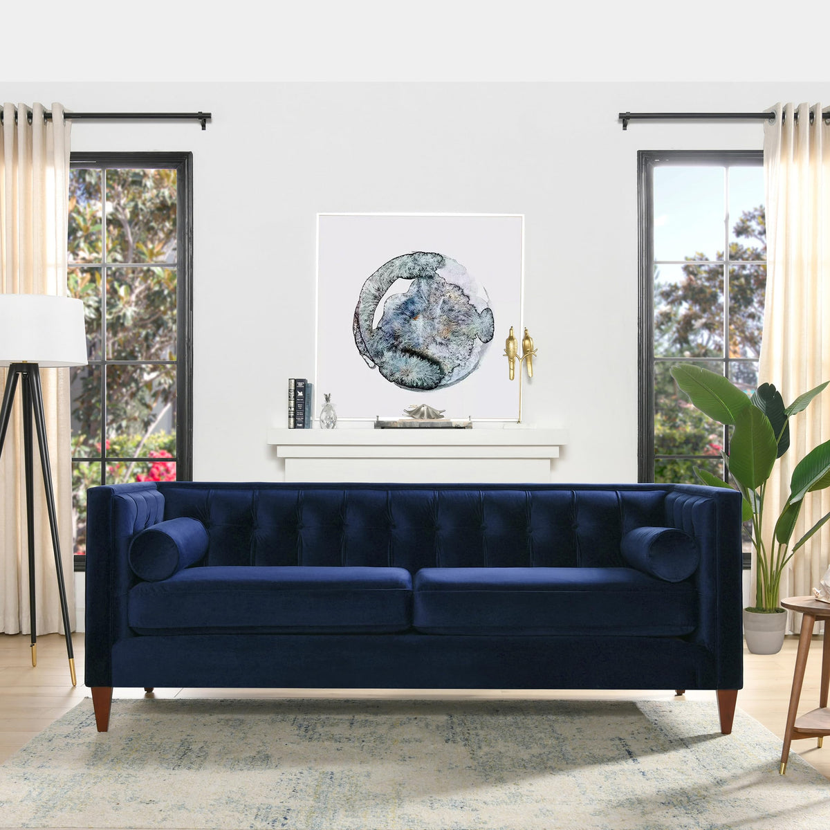 Navy Blue Velvet Tufted Sofa Y39699