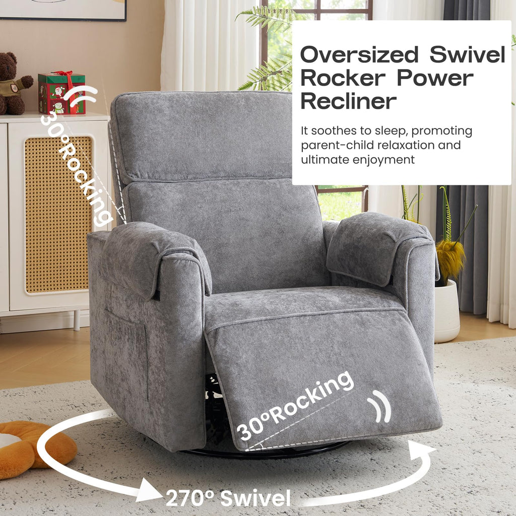 Oversized Swivel Rocking Recliner Chair with USB Ports, Grey R6667