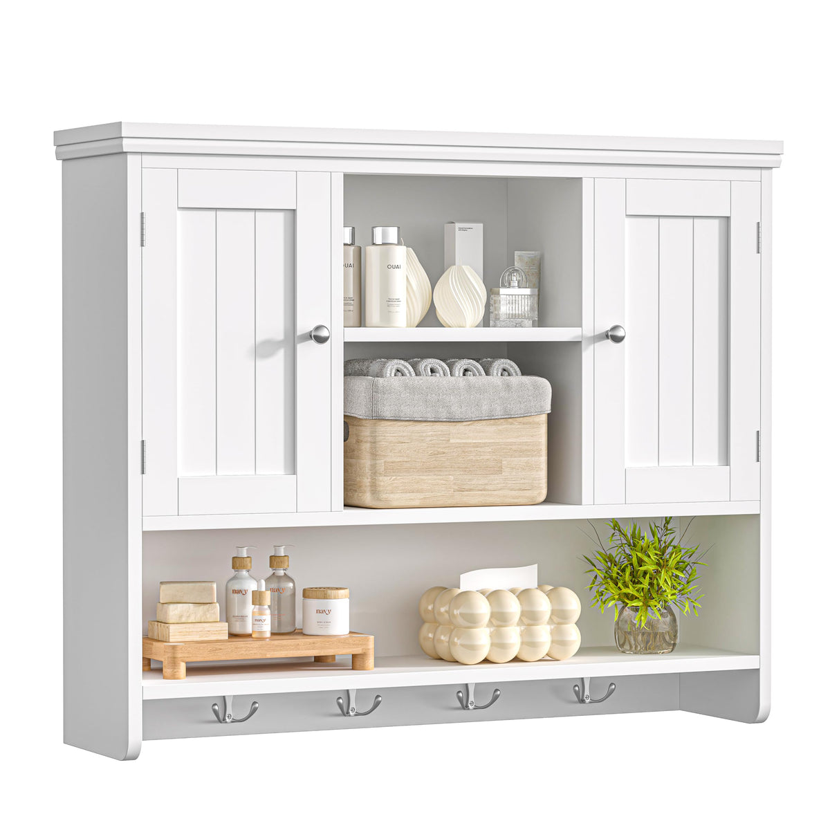 31.5"W 3-Tier Wall Mounted Bathroom Cabinet with Hooks B36046