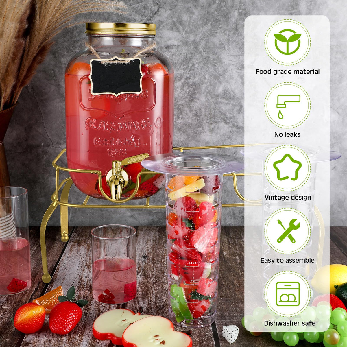 2 Pcs 2 Gallon Glass Drink Dispenser with Stand N942454