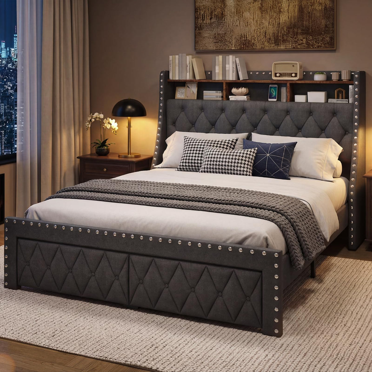 1000LBs Full Bed Frame with Hidden Storage, 2 Drawers and Charging Station F330