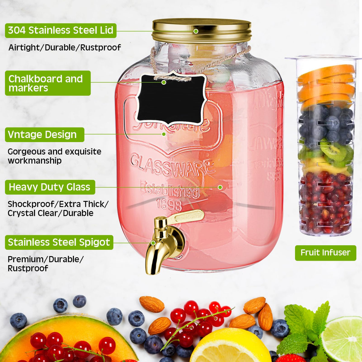 2 Pcs 2 Gallon Glass Drink Dispenser with Stand N942454