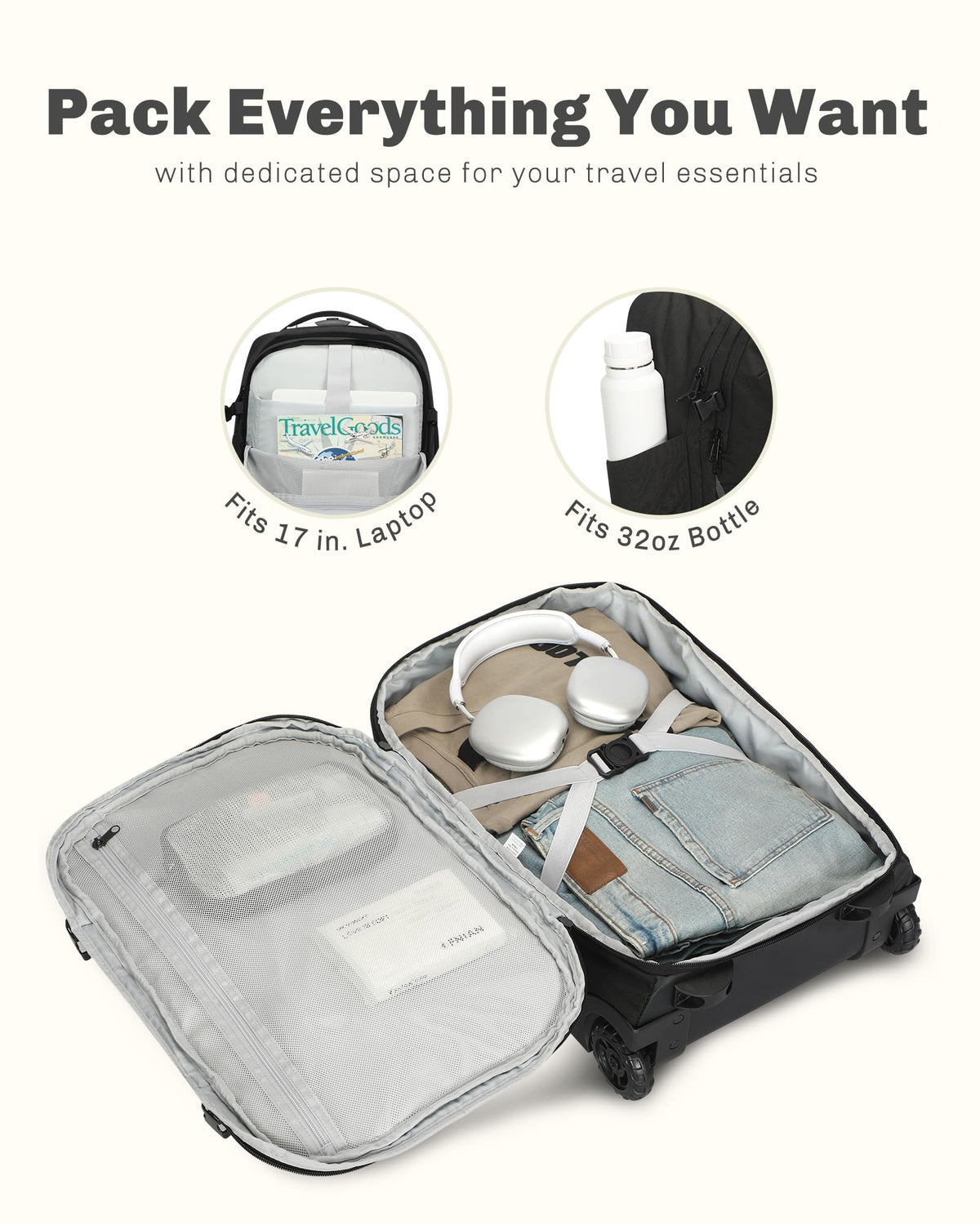 Rolling Backpack with Wheels 43L with Waist Pack Beige E56999