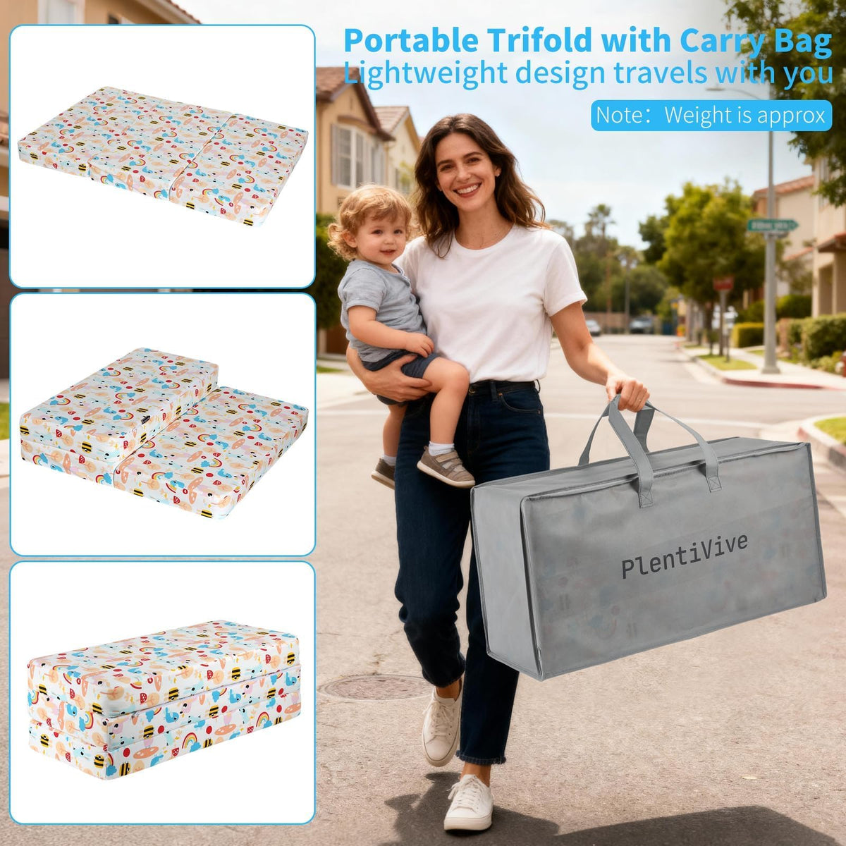 Trifold Pack and Play Mattress 38x26, Dual Sided Foldable Waterproof Washable Portable Crib Mattress Topper with Carry Bag O4219