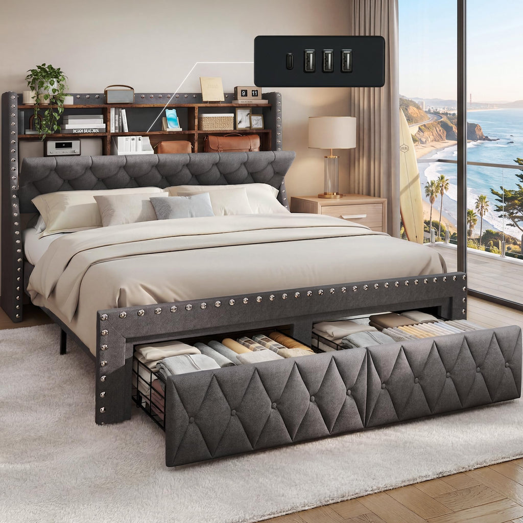 1000LBs Full Bed Frame with Hidden Storage, 2 Drawers and Charging Station F330