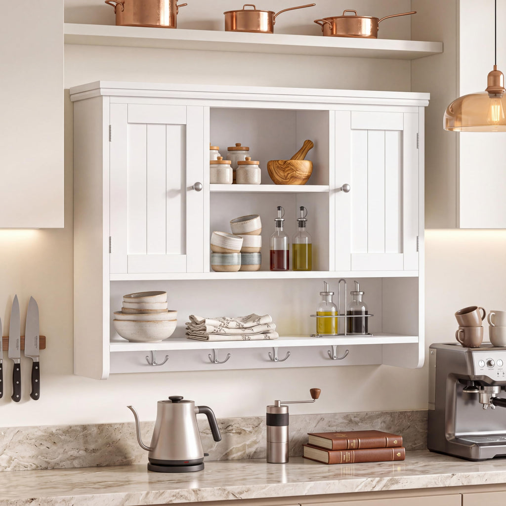 31.5"W 3-Tier Wall Mounted Bathroom Cabinet with Hooks B36046