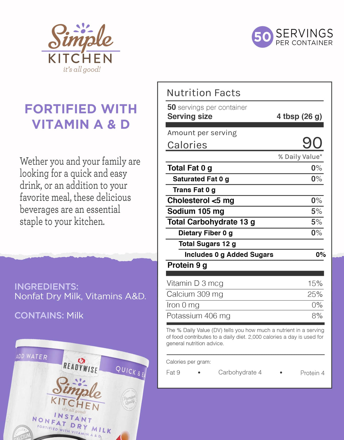 Instant Nonfat Powdered Milk 50 Servings O827004