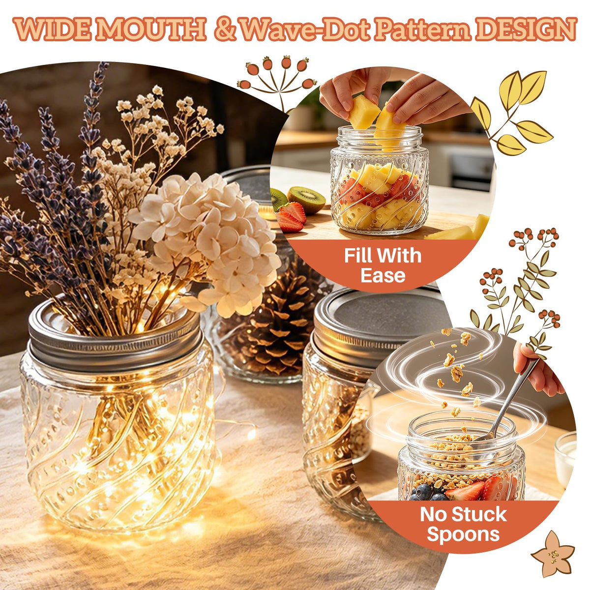 16oz Wide Mouth Mason Jars with Lids and Bands, 8 Pack G689