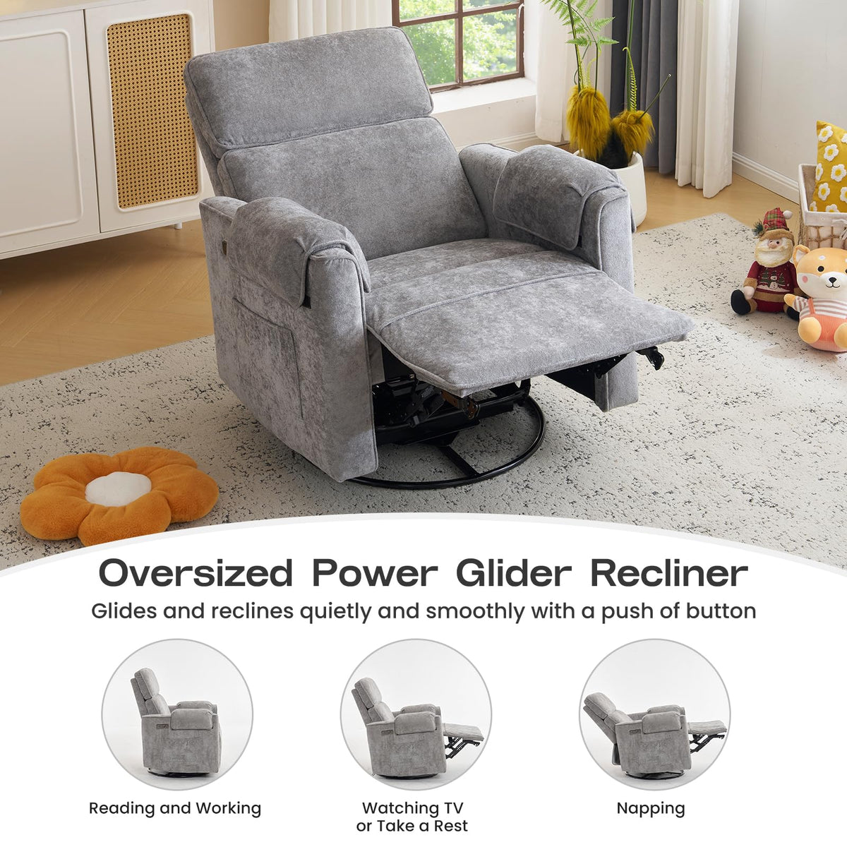 Oversized Swivel Rocking Recliner Chair with USB Ports, Grey R6667