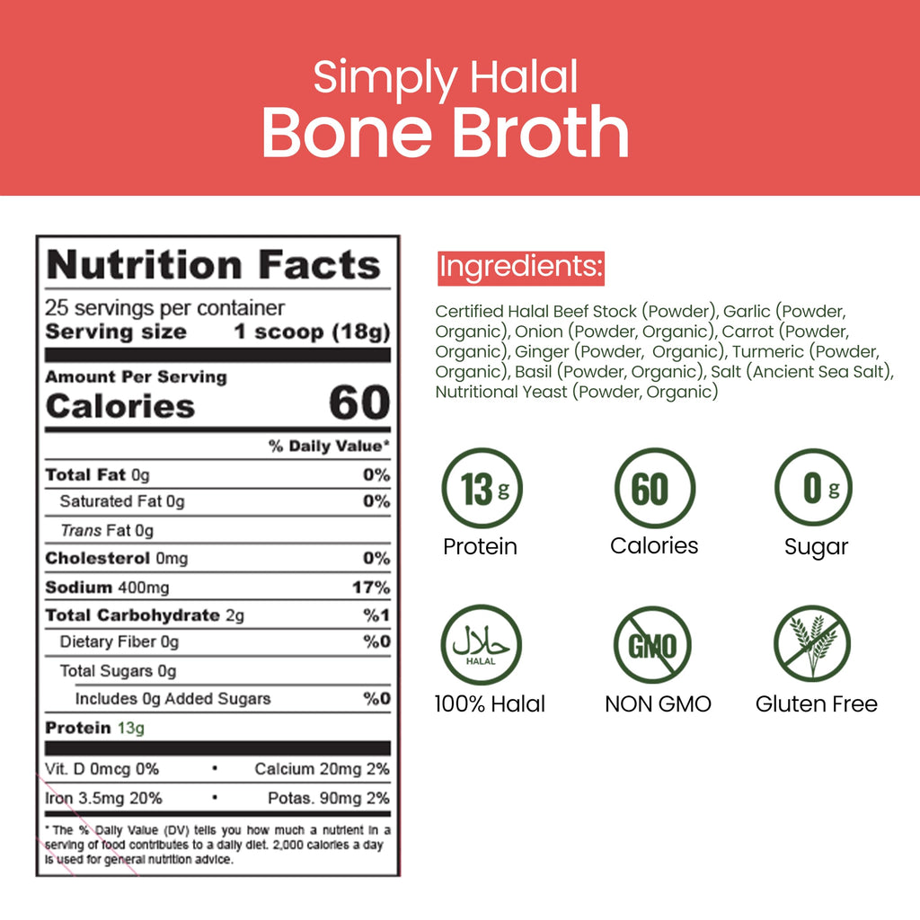 Halal Bone Broth Protein Powder, Grass-Fed Hydrolyzed Collagen, 25 Servings 16 Oz G509978