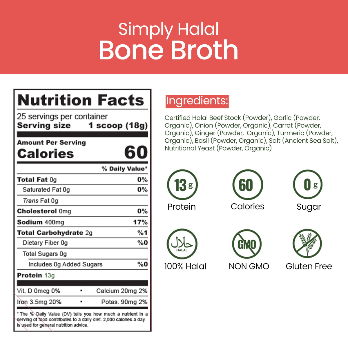 Halal Bone Broth Protein Powder, Grass-Fed Hydrolyzed Collagen, 25 Servings 16 Oz G509978